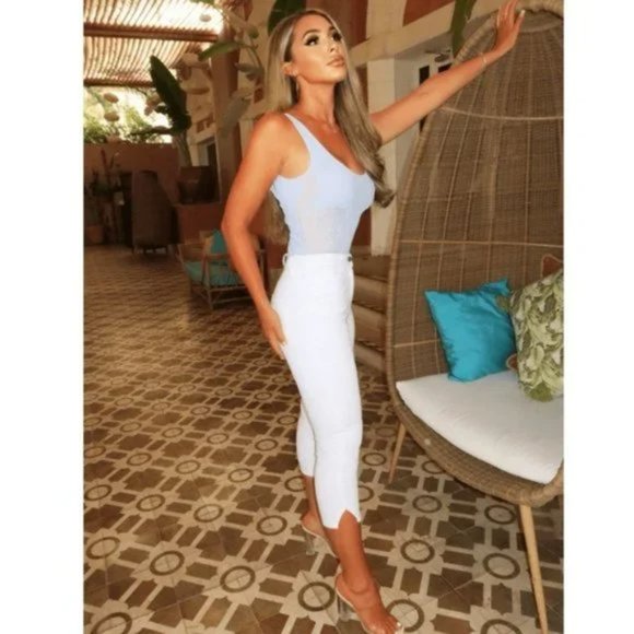 White High Waist Split Hem Skinny Capri Jeans Denim Pants - Picture 12 of 14